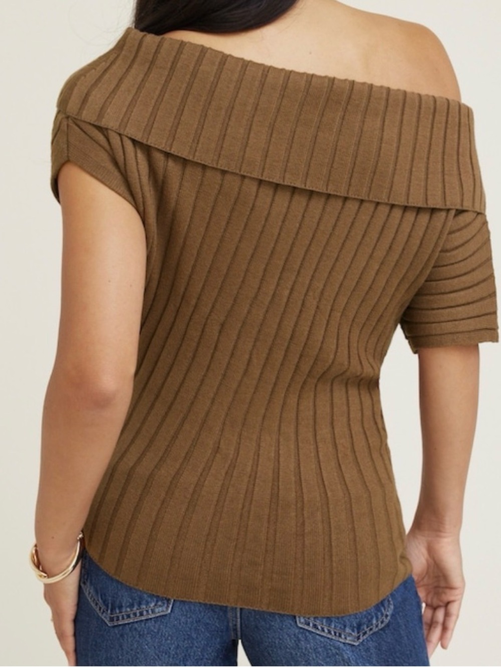 Dynamite Off-Shoulder Ribbed Sweater in Brown - Picture 2 of 4